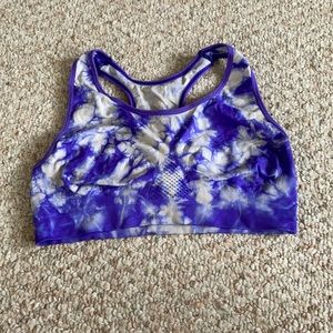 Women’s tie dyed white and purple sports bra